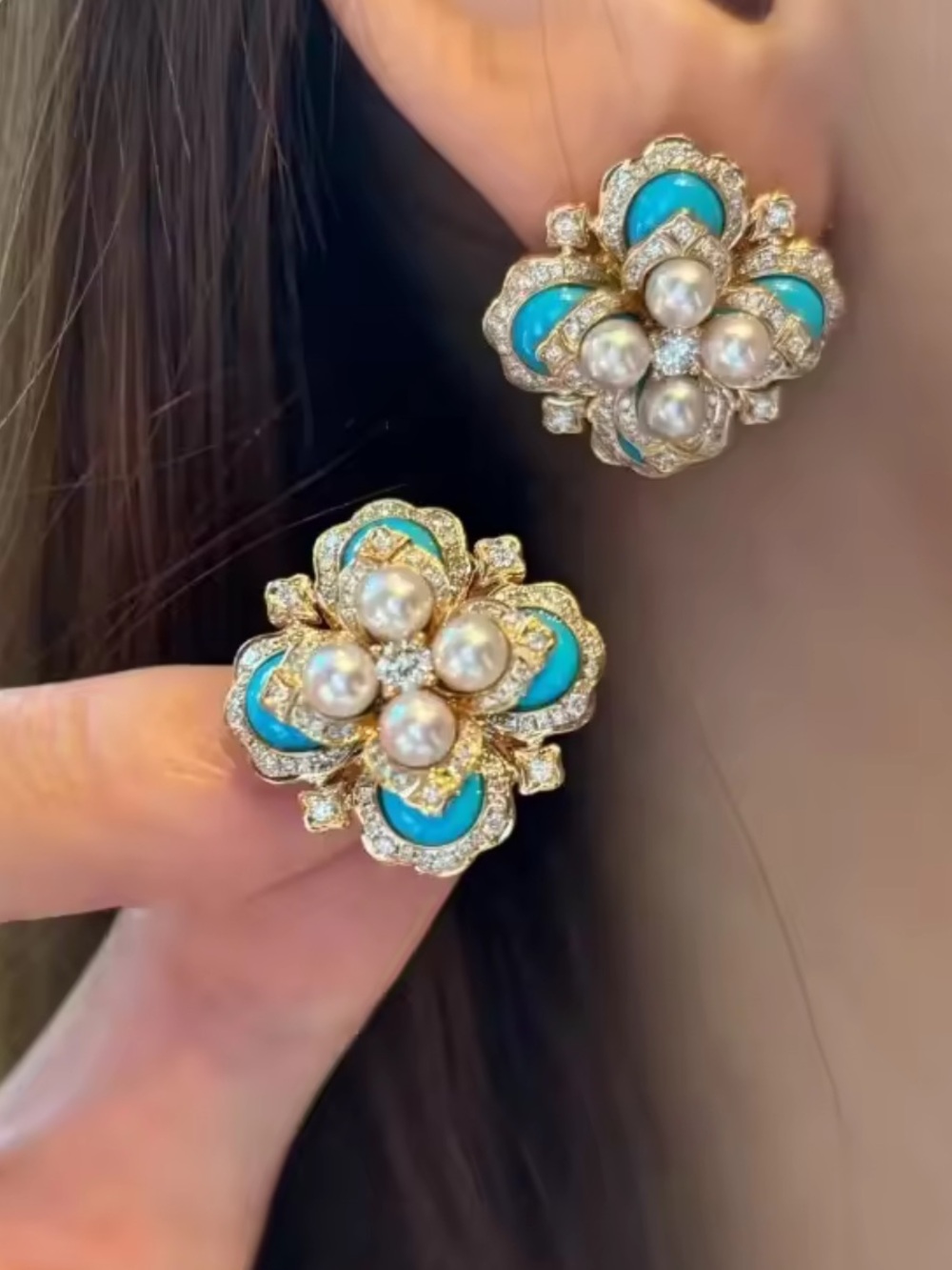 Gold Floral Clip-On Earrings with Turquoise Enamel and Pearl Accents